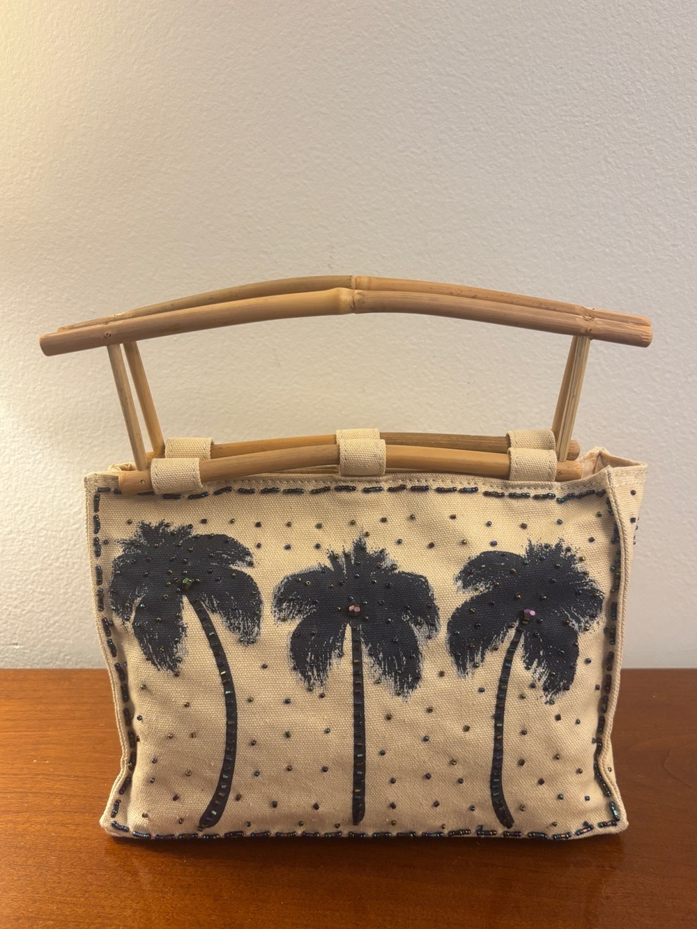 VTG Kulanui of Hawaii Palm Tree Beaded Canvas Handbag - Bamboo Handles